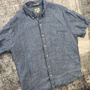 J Crew Shirt Mens Large Blue Striped Baird McNutt Irish Linen Preppy Coast Beach